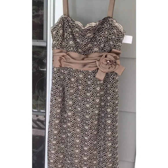 New R & M RICHARDS 6P Brown Gold Sleeveless Lace Satan Bow Dress New Gown Formal - Picture 2 of 10
